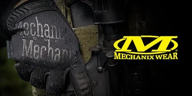 A black Mechanix tactical glove with "Mechanix" printed across the back grips a black rifle, beside the yellow Mechanix Wear "M" logo on a dark background.