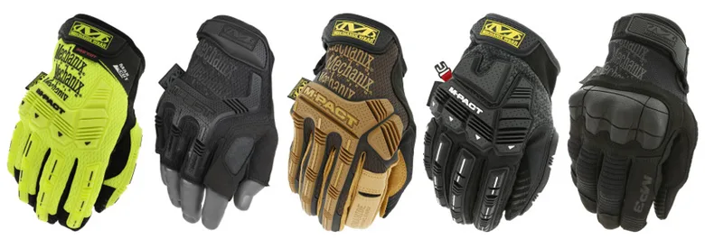 Five M-Pact gloves side by side: hi-vis, fingerless, tan leather, covert black and the M-Pact 3