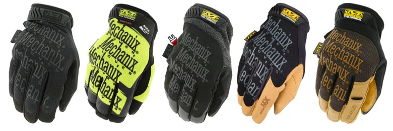 Five gloves from the Original line: plain black, hi-vis cut-resistant, insulated grey, Material4X and DuraHide leather
