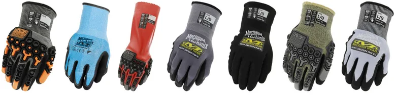 Seven SpeedKnit gloves: knitted liners with dipped palms, impact-armoured versions, a cut-resistant blue and a red chemical gauntlet