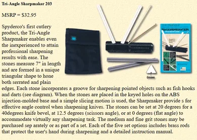 Tri-Angle Sharpmaker 203 的型錄頁，售價 32.95 美元，圖中有收納袋、底座、磨棒與外盒
